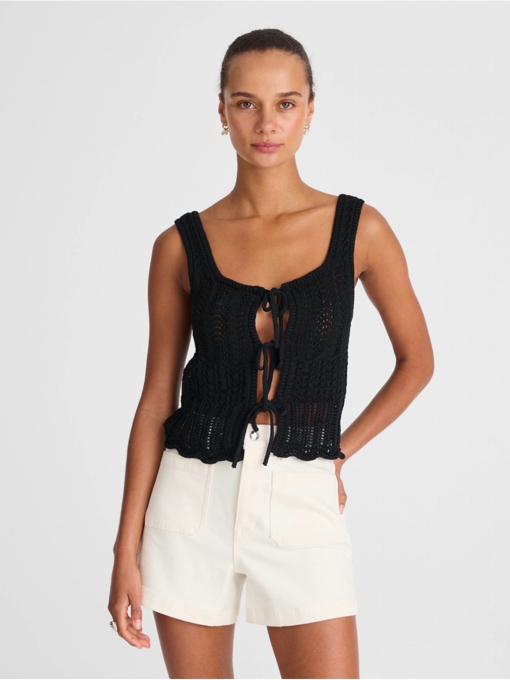 Madewell Pointelle-Stitch Tie-Front Sweater Tank in True Black NV264